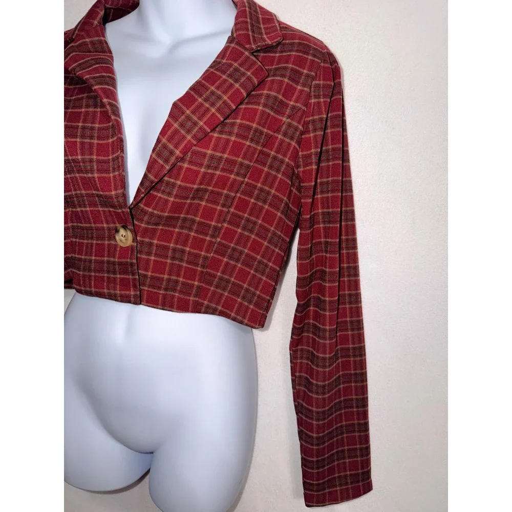 Hyfve Womens Red Plaid Cropped Single Button Blazer Top Small HF22F822